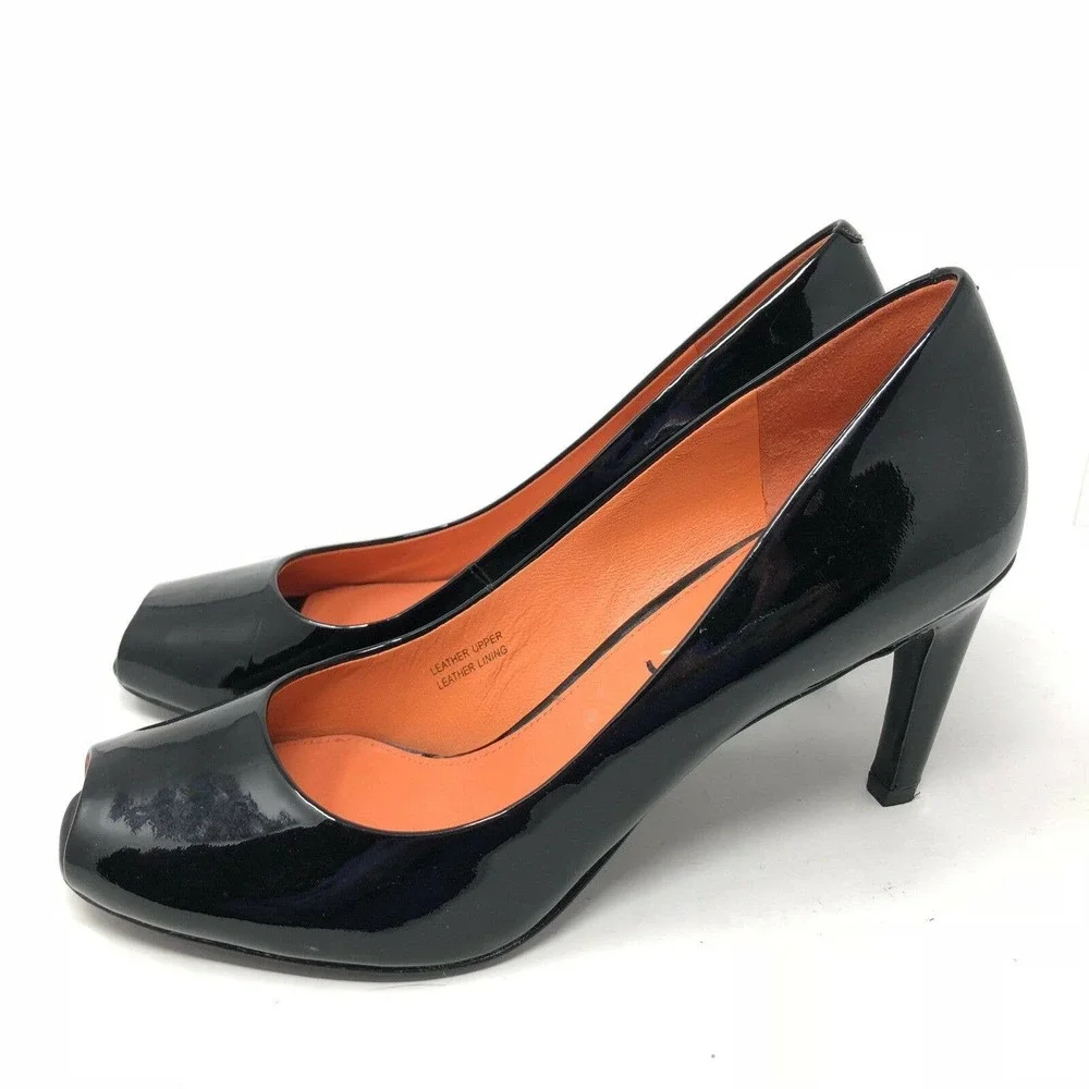 Via Spiga Frankie Pump Black Patent Leather‎ Peep Toe Heel Womens Size 6.5 M